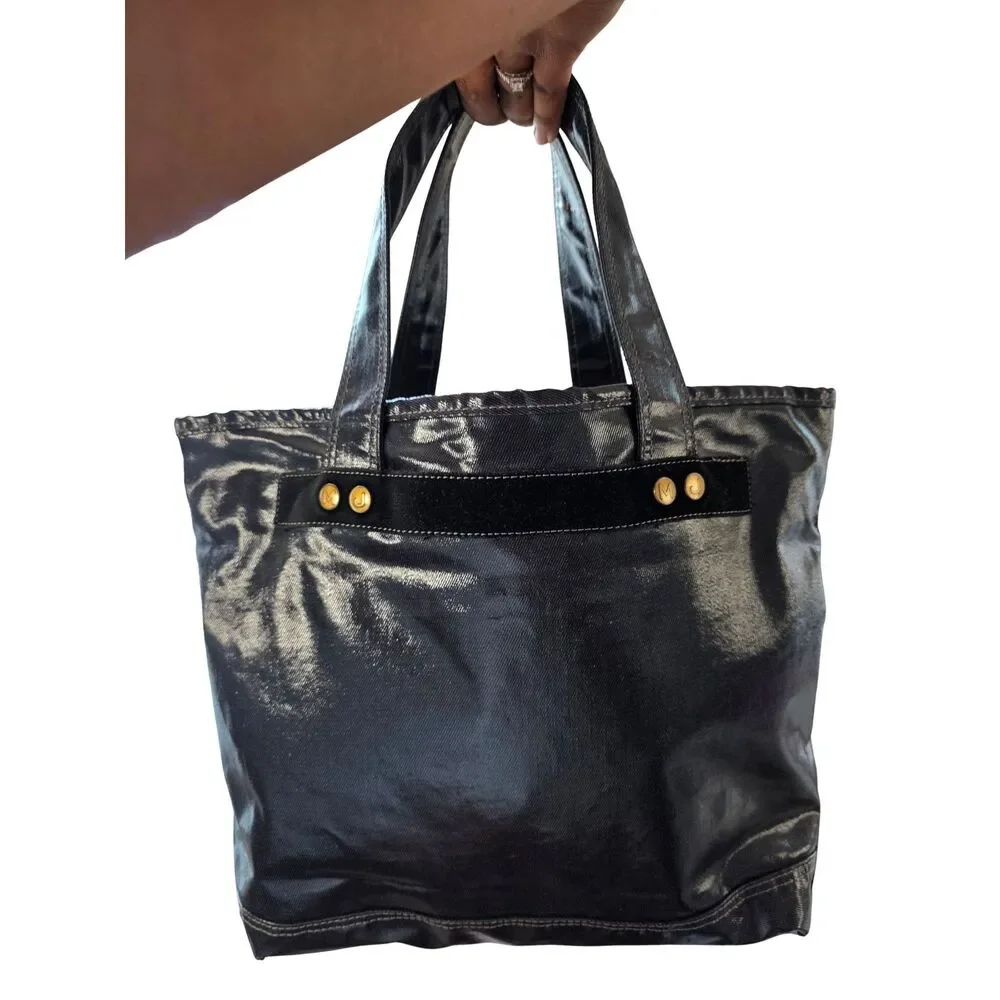 Marc Jacobs Coated Denim Canvas Collaboration Logo Tote Bag Black Gold Rare XL